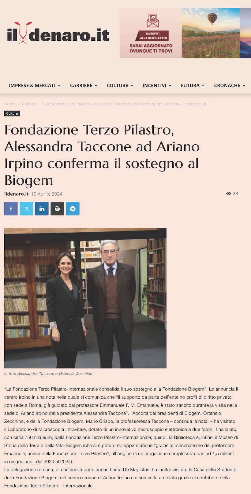 Fondazione Terzo Pilastro, Alessandra Taccone ad Ariano Irpino conferma il sostegno al Biogem